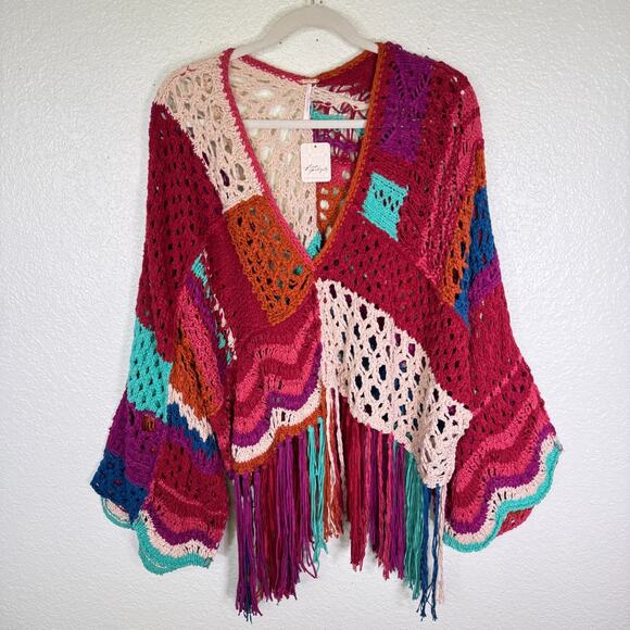 Free People Sweaters - Free People Crochet Sweater Womens XS Fringe Poncho Boho Festival Coachella NEW